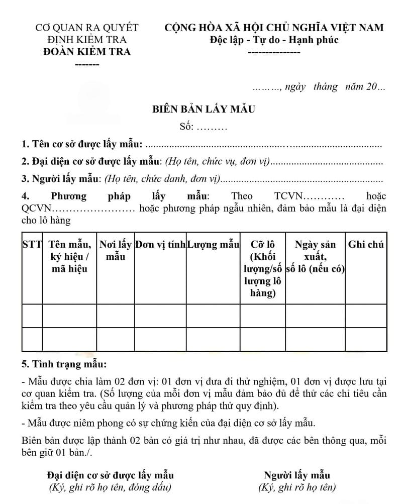 biên bản lấy mẫu nước thải